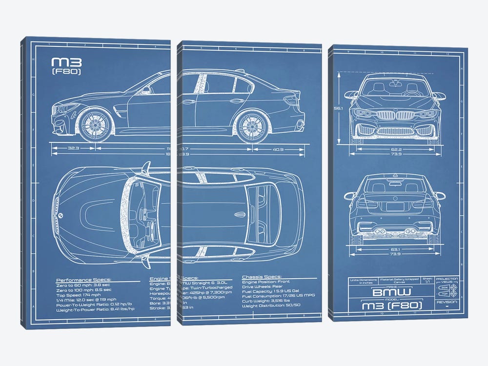 BMW M3 (F80) Blueprint by Action Blueprints 3-piece Canvas Print