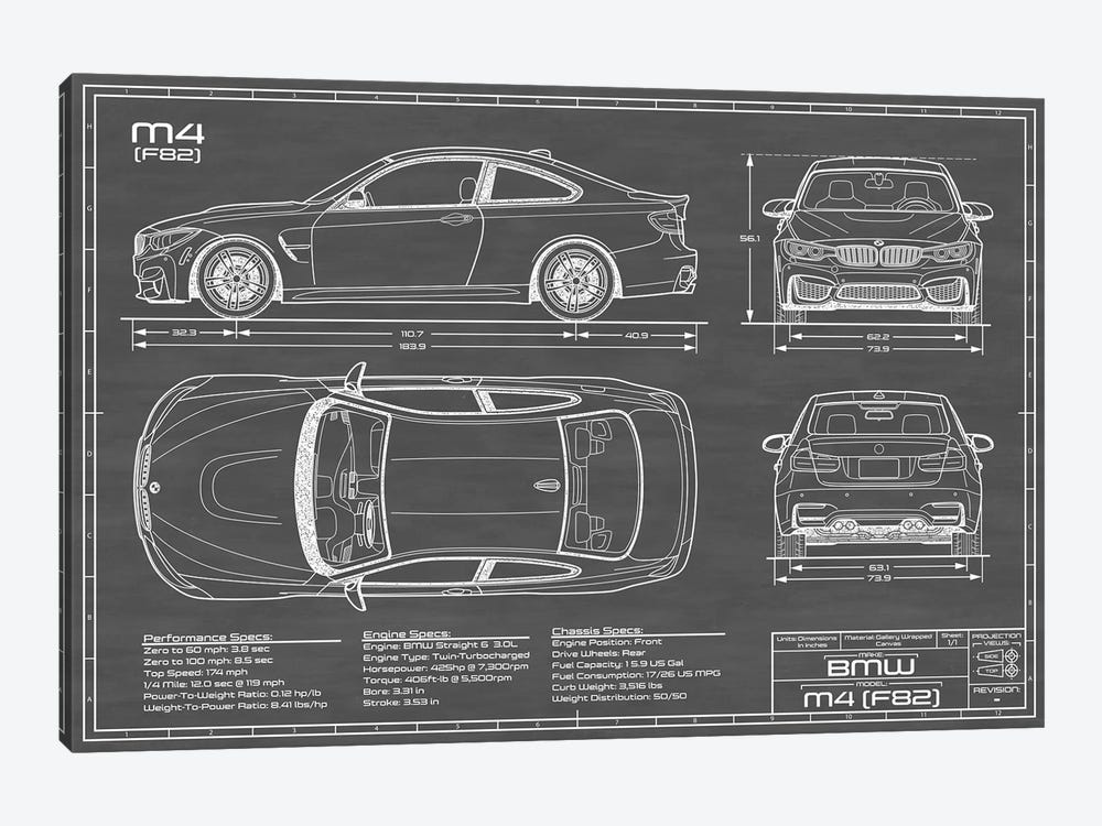 BMW M4 (F82) Black by Action Blueprints 1-piece Canvas Wall Art