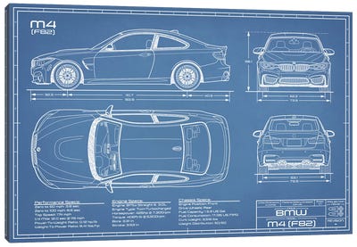 BMW M4 (F82) Blueprint Canvas Art Print - Automobile Blueprints