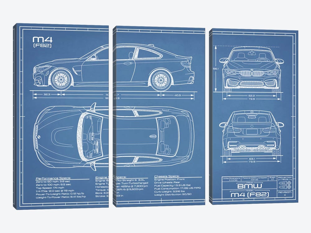 BMW M4 (F82) Blueprint by Action Blueprints 3-piece Canvas Art Print