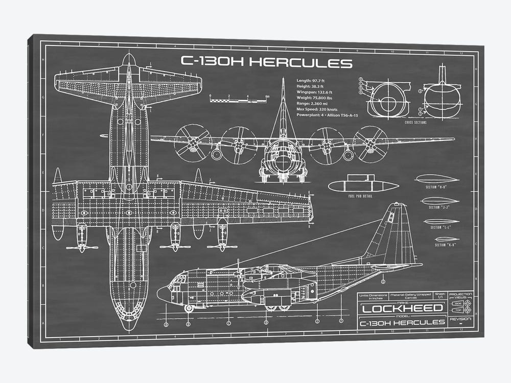 C-130 Hercules Airplane | Black by Action Blueprints 1-piece Canvas Artwork