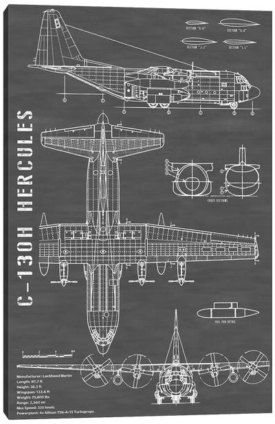 C-130 Hercules Airplane | Black - Portrait Canvas Art Print - Aviation Blueprints