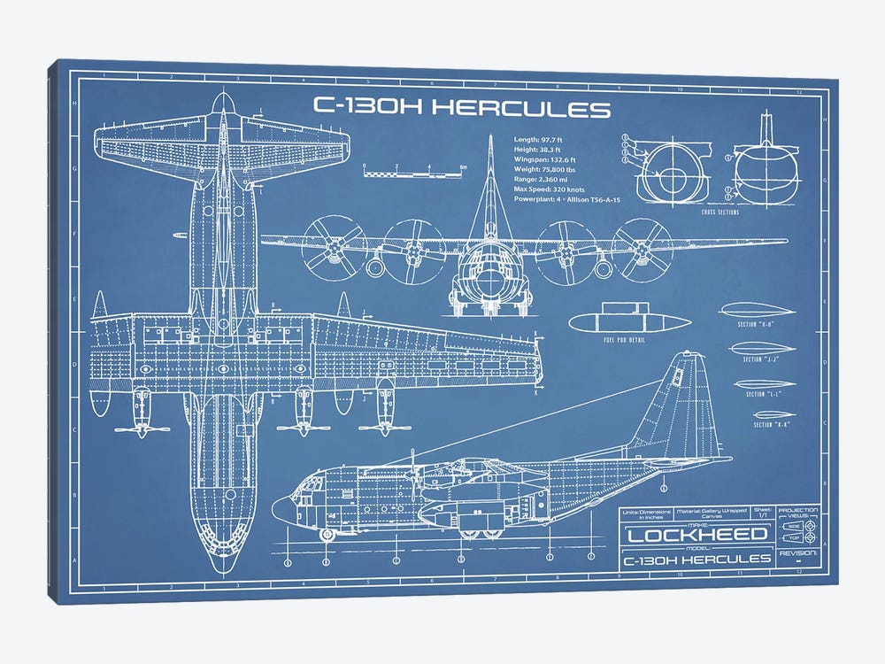 C-130 Hercules Airplane Blueprint by Action Blueprints 1-piece Canvas Artwork