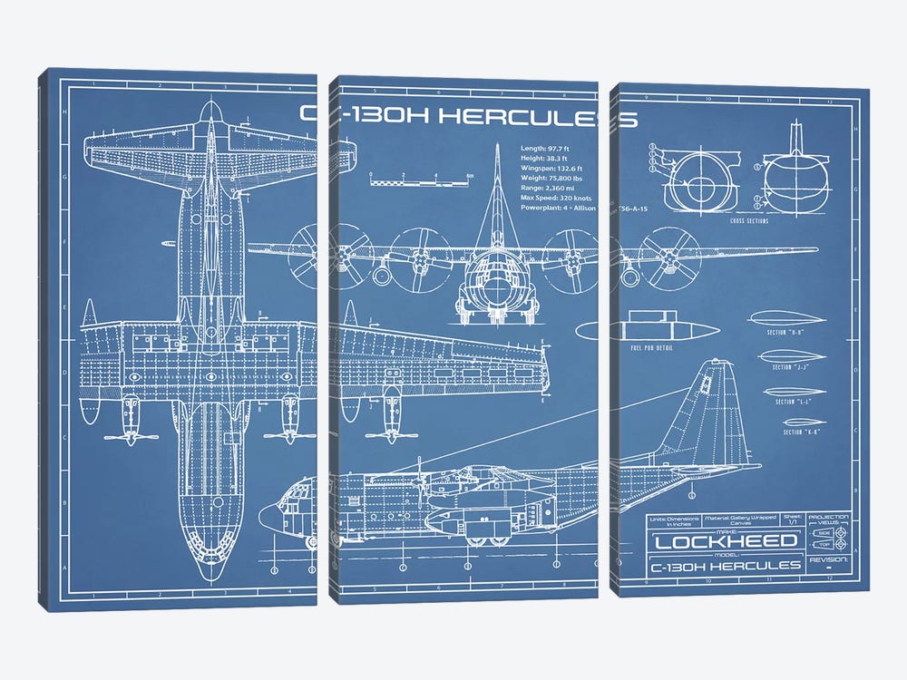C-130 Hercules Airplane Blueprint by Action Blueprints 3-piece Canvas Artwork