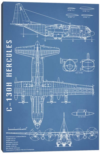 C-130 Hercules Airplane Blueprint - Portrait Canvas Art Print - Aviation Blueprints