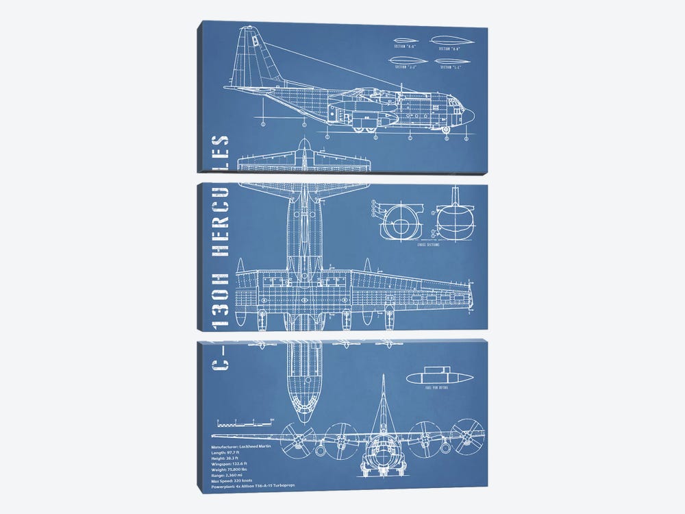 C-130 Hercules Airplane Blueprint - Portrait by Action Blueprints 3-piece Art Print