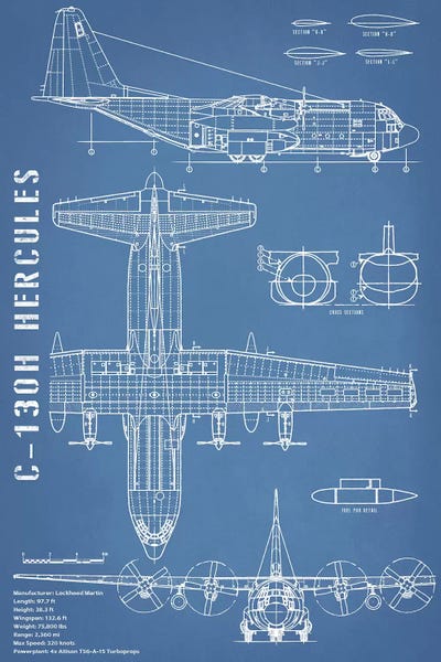 By Air: C-130 Hercules Airplane Blueprint - Portrait by Action Blueprints