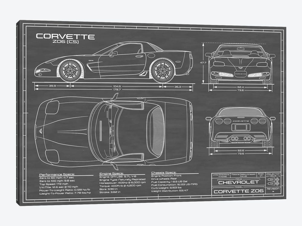 Corvette (C5) Z06 Black by Action Blueprints 1-piece Canvas Wall Art