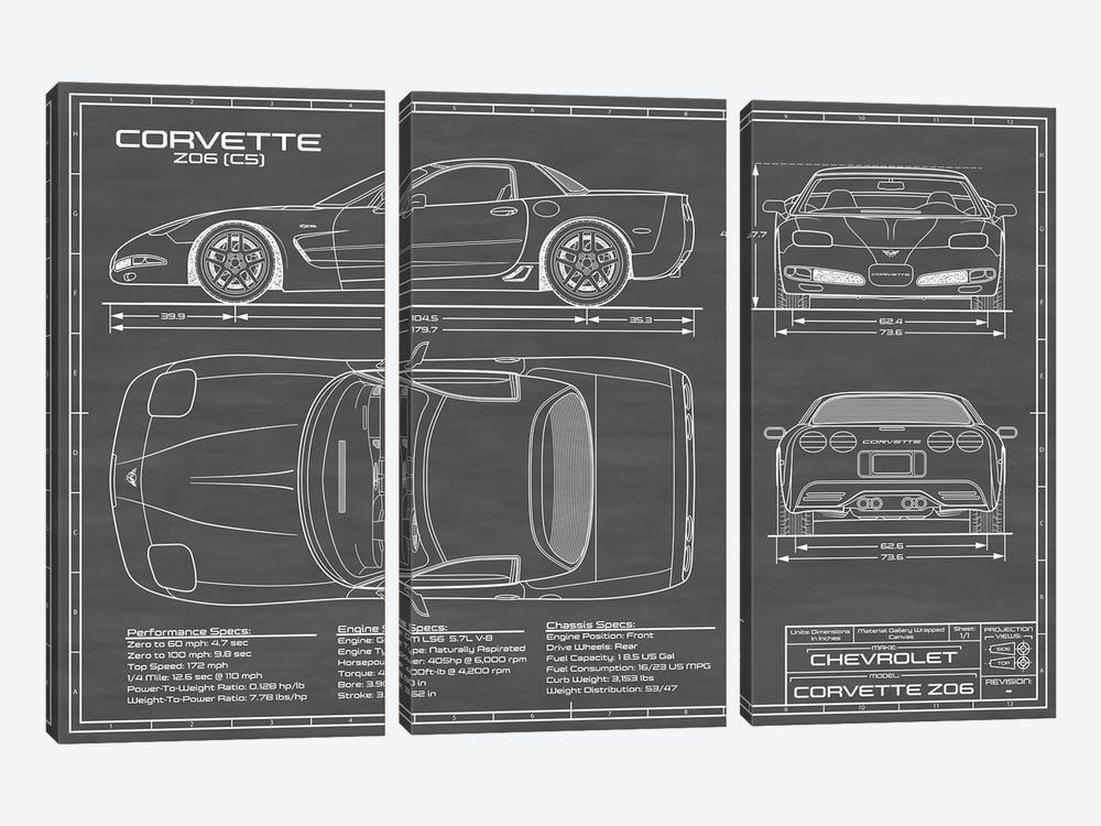 Corvette (C5) Z06 Black by Action Blueprints 3-piece Canvas Artwork