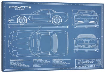 Corvette (C5) Z06 Blueprint Canvas Art Print - Cars By Brand