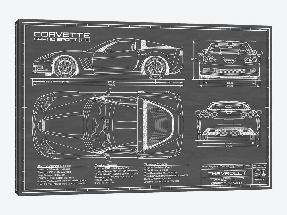 Corvette (C6) Grand Sport Black by Action Blueprints 1-piece Canvas Art