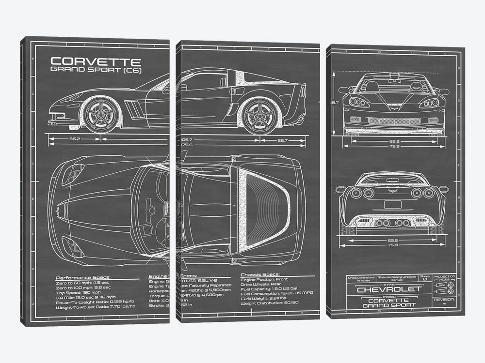 Corvette (C6) Grand Sport Black by Action Blueprints 3-piece Canvas Wall Art