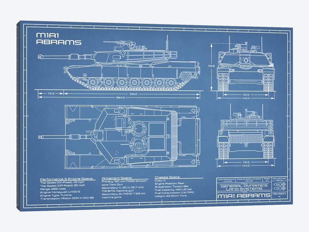1980 M1A1 Abrams Battle Tank Blueprint 1-piece Canvas Art