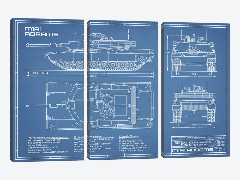 1980 M1A1 Abrams Battle Tank Blueprint by Action Blueprints 3-piece Canvas Art