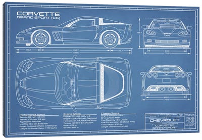 Corvette (C6) Grand Sport Blueprint Canvas Art Print - Man Cave Decor
