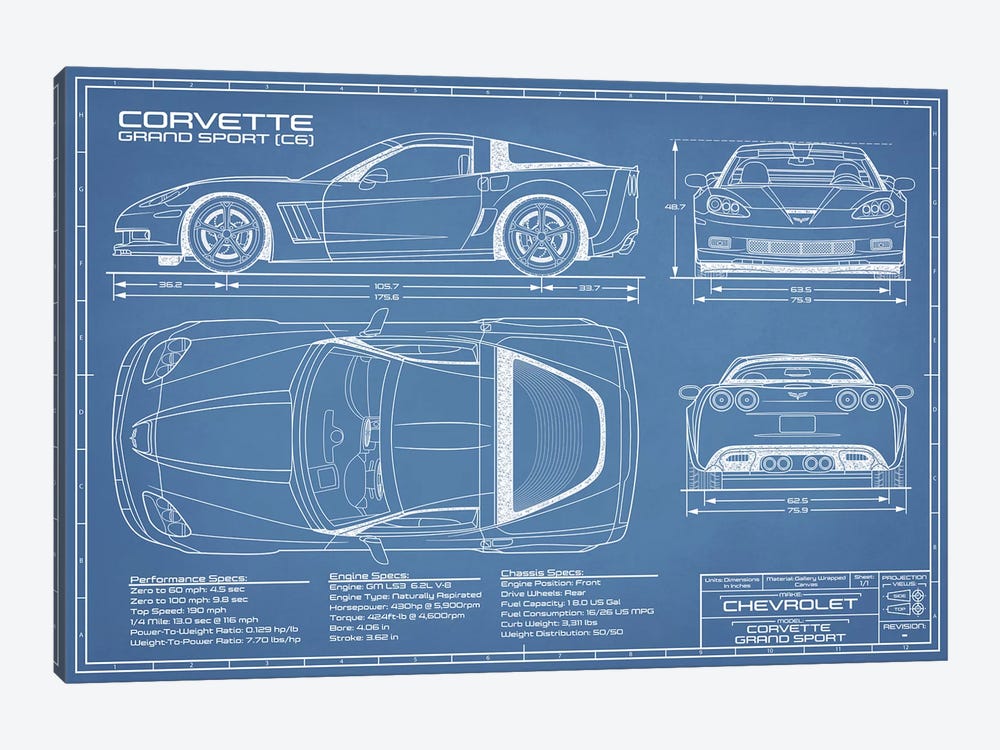 Corvette (C6) Grand Sport Blueprint by Action Blueprints 1-piece Canvas Art