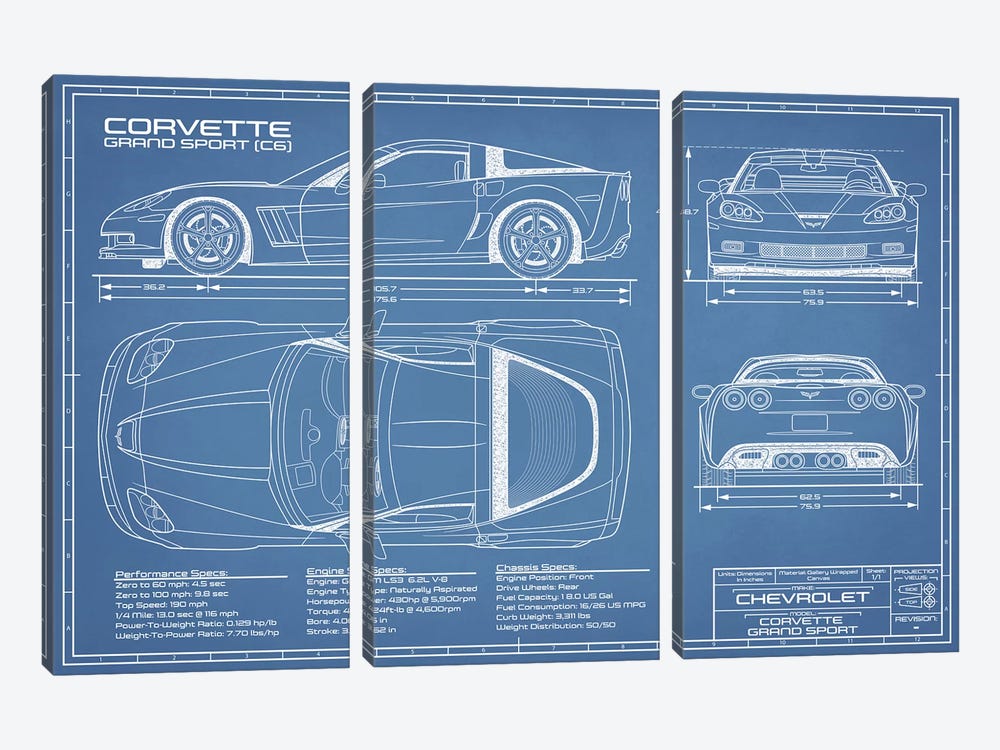 Corvette (C6) Grand Sport Blueprint by Action Blueprints 3-piece Canvas Art