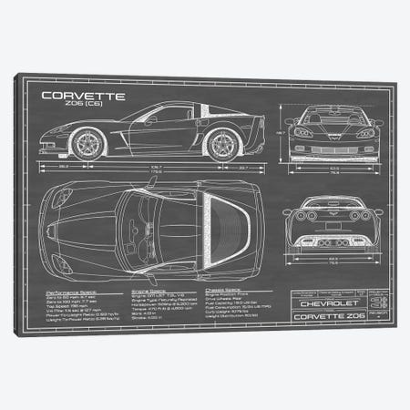 Corvette (C6) Z06 Black Canvas Print #ABP31} by Action Blueprints Canvas Art Print