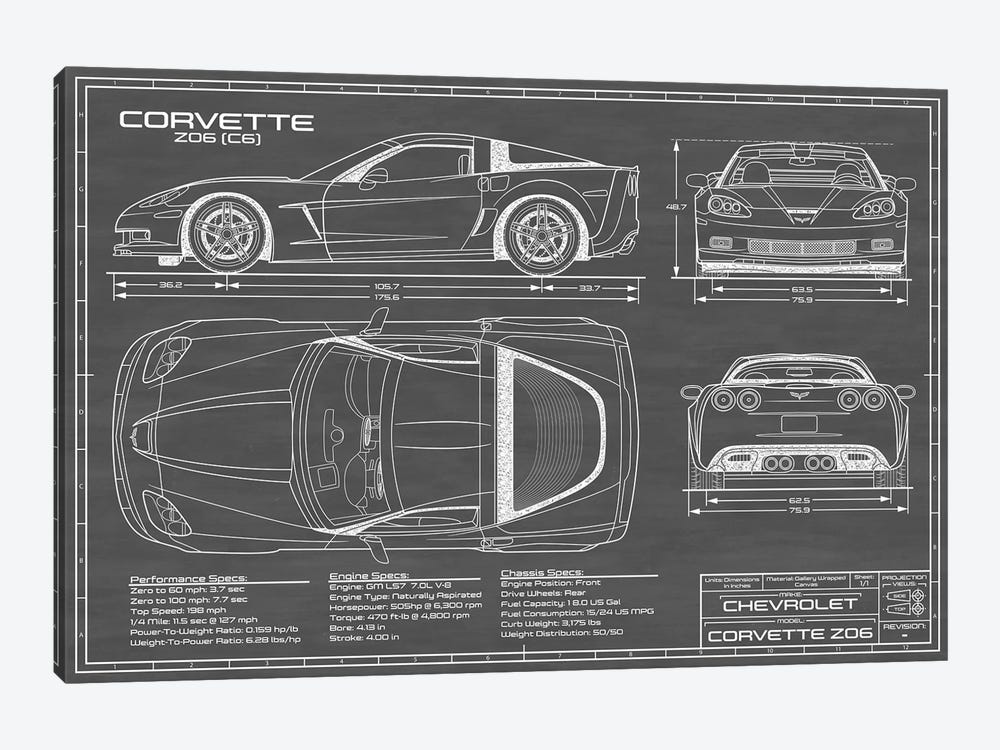 Corvette (C6) Z06 Black by Action Blueprints 1-piece Canvas Art Print