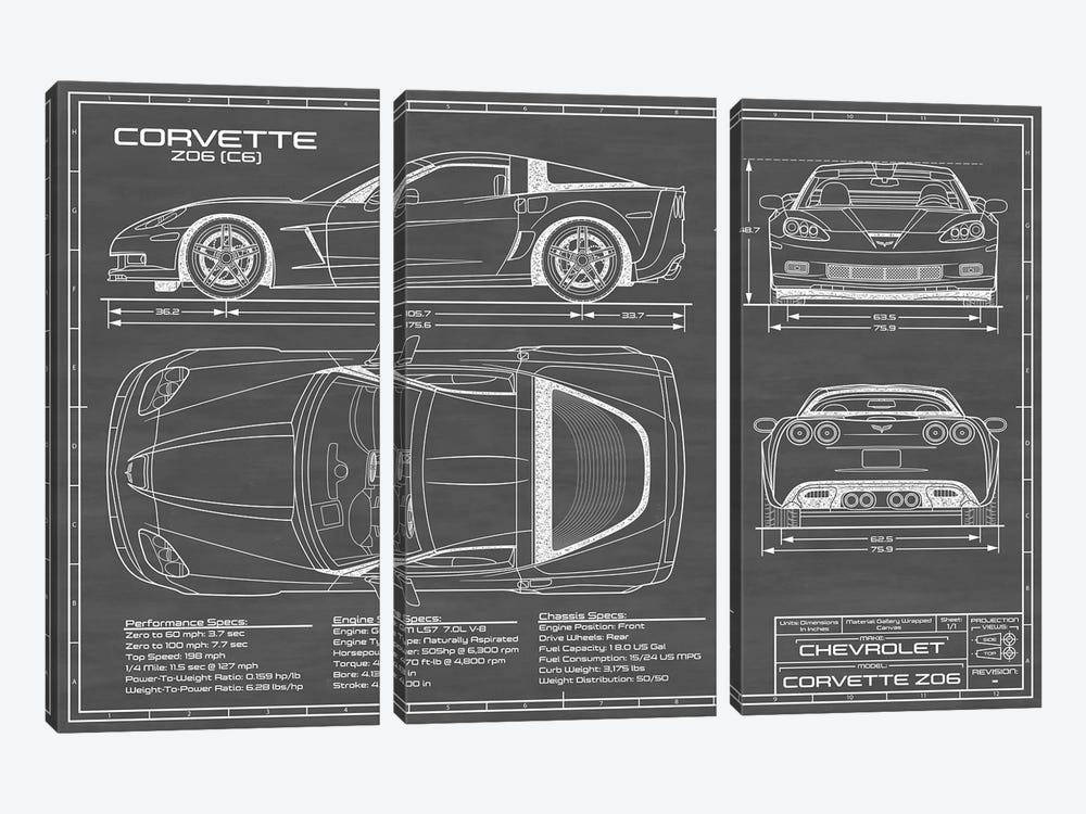 Corvette (C6) Z06 Black by Action Blueprints 3-piece Canvas Art Print