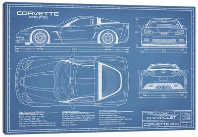 Corvette (C6) Z06 Blueprint Canvas Art Print - Cars By Brand