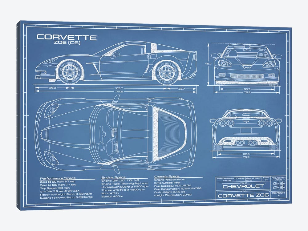 Corvette (C6) Z06 Blueprint by Action Blueprints 1-piece Canvas Artwork