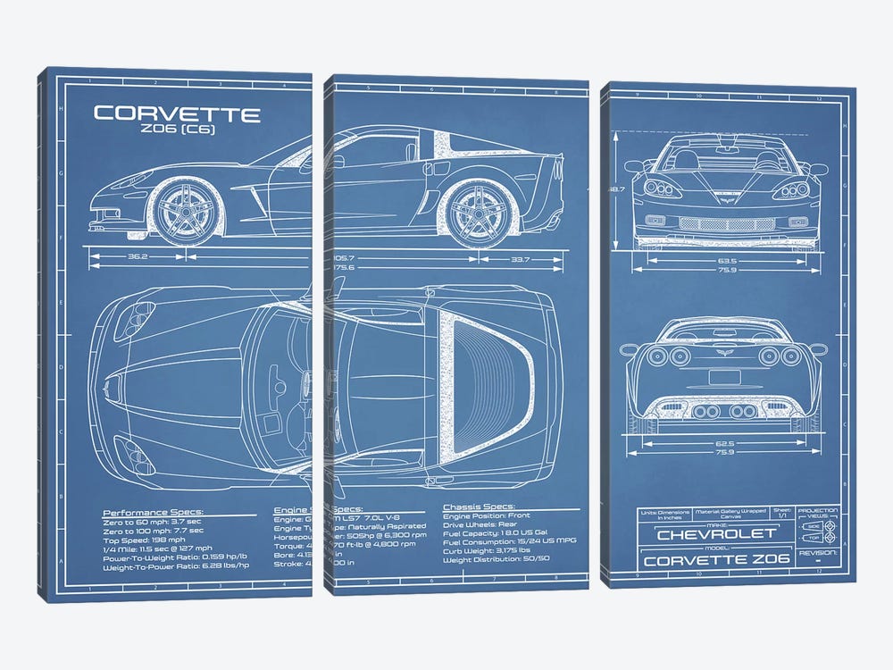 Corvette (C6) Z06 Blueprint by Action Blueprints 3-piece Canvas Art