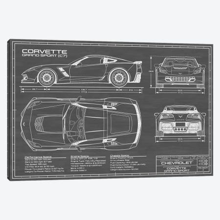 Corvette (C7) Grand Sport Black Canvas Print #ABP33} by Action Blueprints Canvas Art Print
