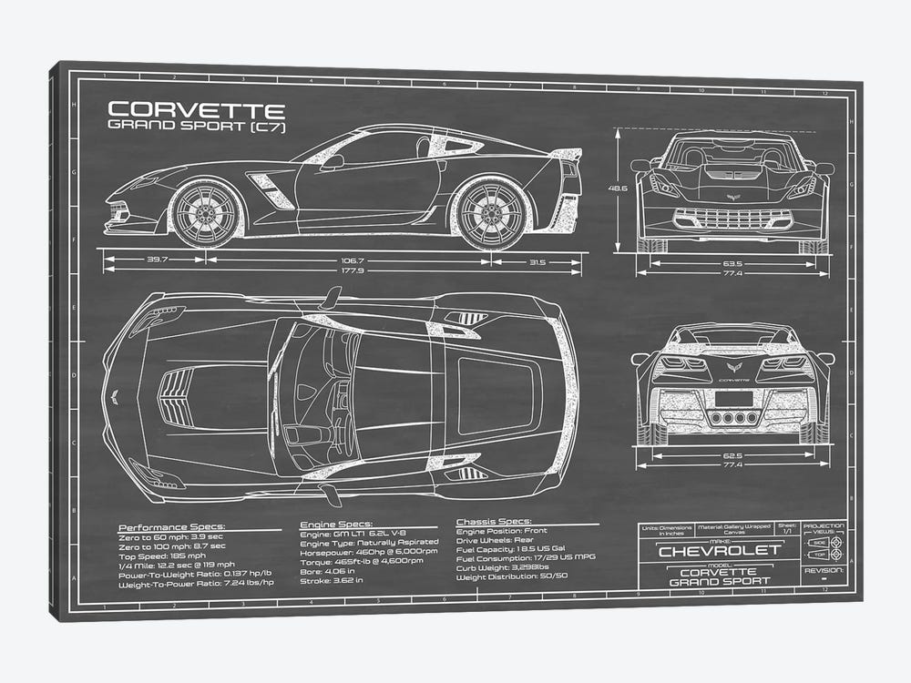 Corvette (C7) Grand Sport Black by Action Blueprints 1-piece Canvas Art Print