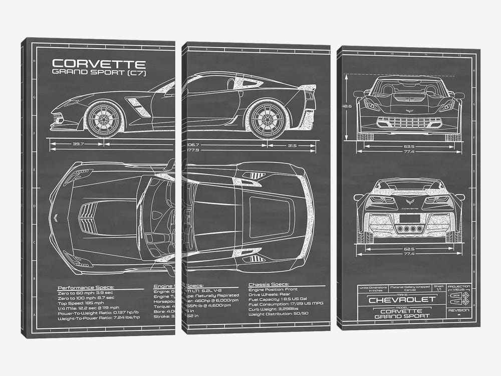 Corvette (C7) Grand Sport Black by Action Blueprints 3-piece Art Print