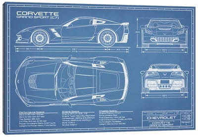 Corvette (C7) Grand Sport Blueprint Canvas Art Print - Man Cave Decor