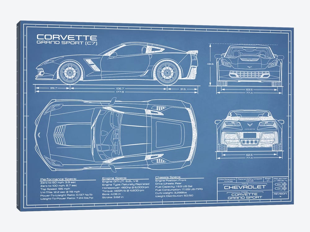 Corvette (C7) Grand Sport Blueprint by Action Blueprints 1-piece Canvas Art