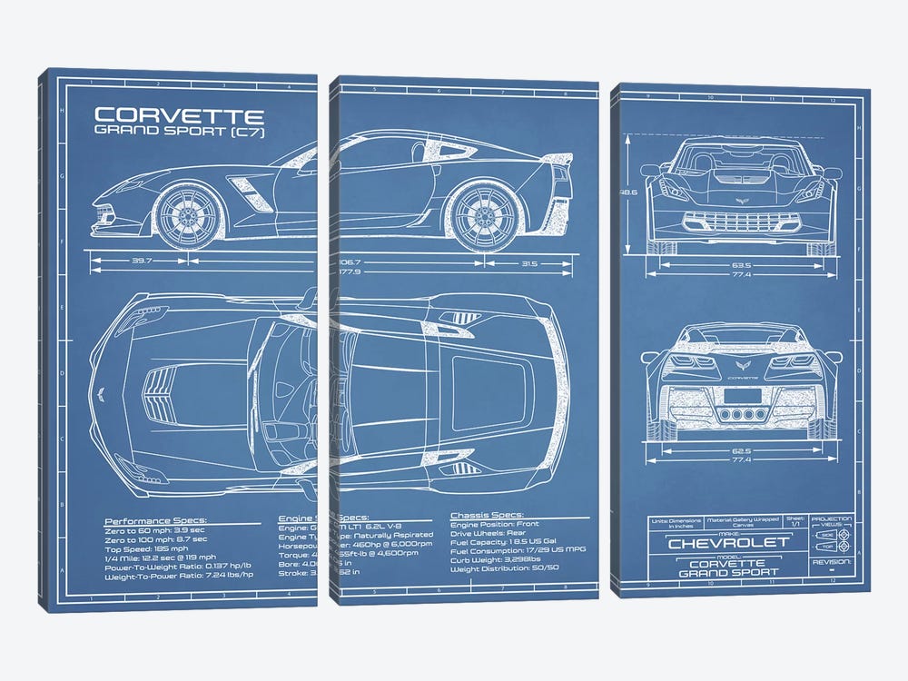 Corvette (C7) Grand Sport Blueprint by Action Blueprints 3-piece Canvas Artwork