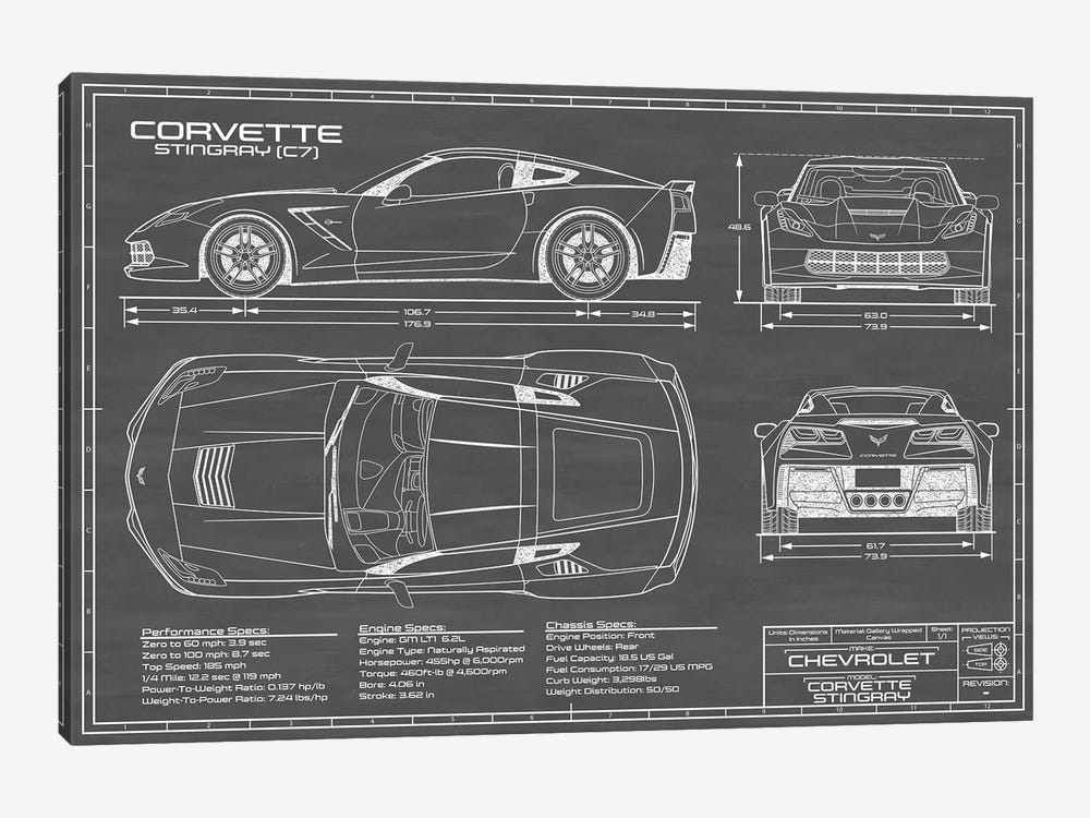 Corvette (C7) Stingray Black by Action Blueprints 1-piece Canvas Art Print