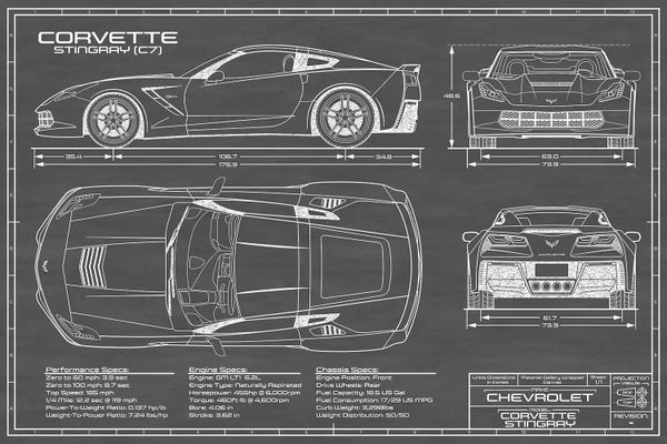 Blueprints & Patent Sketches: Corvette (C7) Stingray Black by Action Blueprints