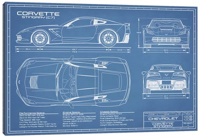 Corvette (C7) Stingray Blueprint Canvas Art Print - Automobile Art