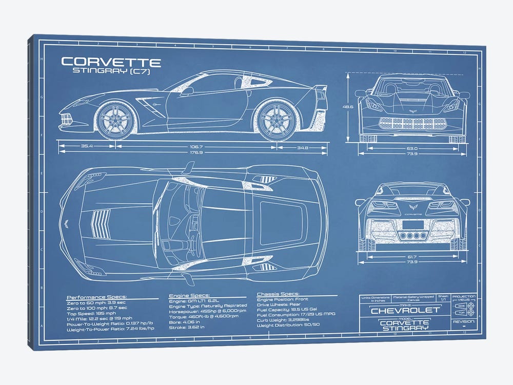 Corvette (C7) Stingray Blueprint by Action Blueprints 1-piece Canvas Artwork