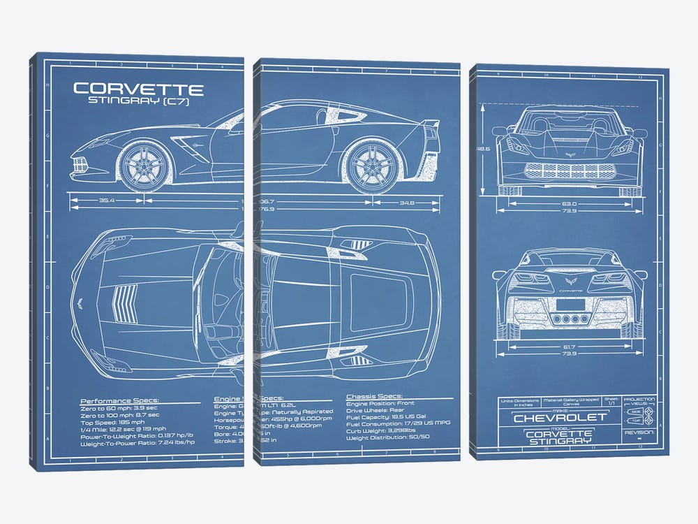 Corvette (C7) Stingray Blueprint by Action Blueprints 3-piece Canvas Art