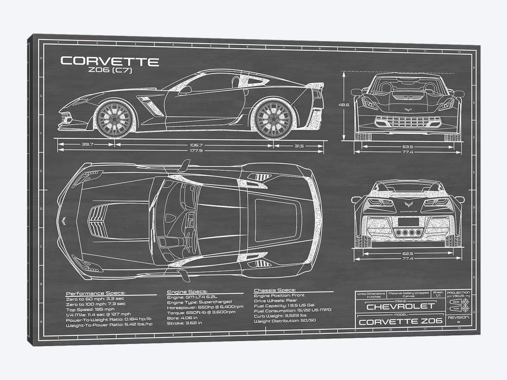 Corvette (C7) Z06 Black by Action Blueprints 1-piece Canvas Art Print