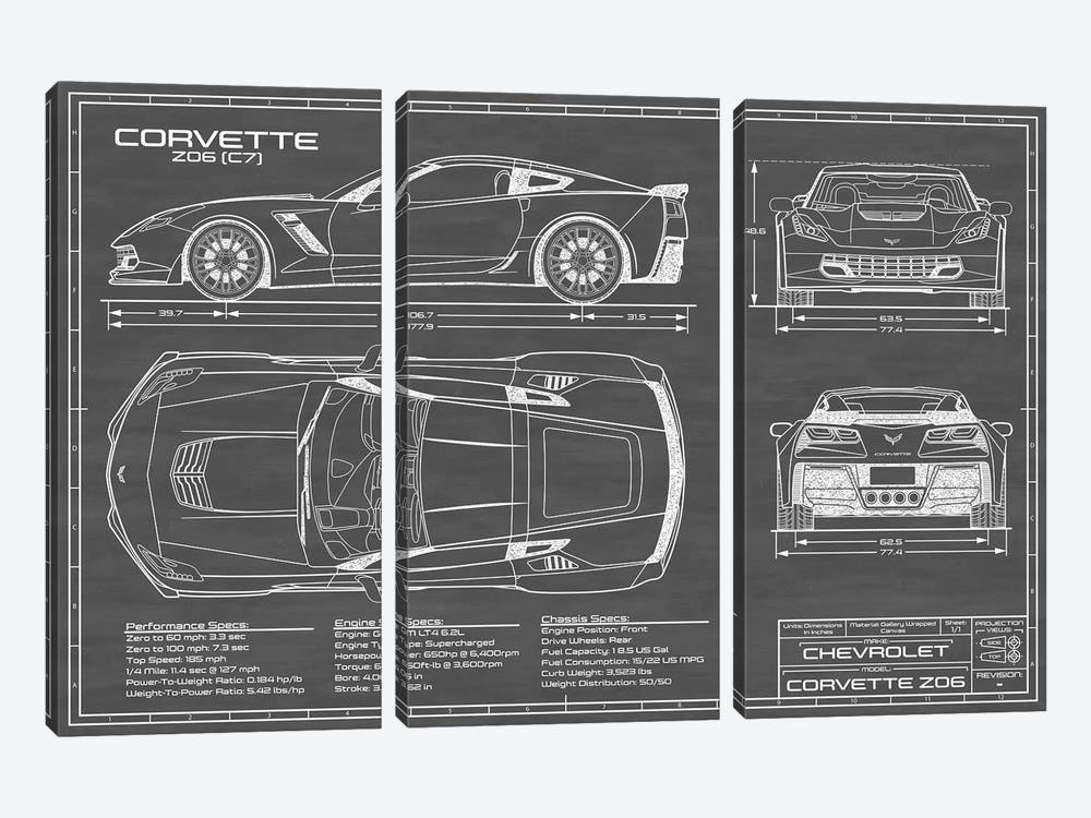Corvette (C7) Z06 Black by Action Blueprints 3-piece Art Print