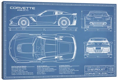 Corvette (C7) Z06 Blueprint Canvas Art Print - Cars By Brand