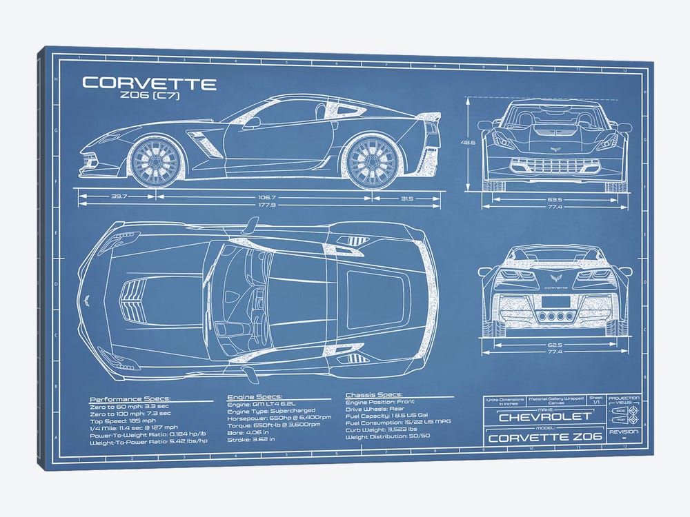 Corvette (C7) Z06 Blueprint by Action Blueprints 1-piece Canvas Art