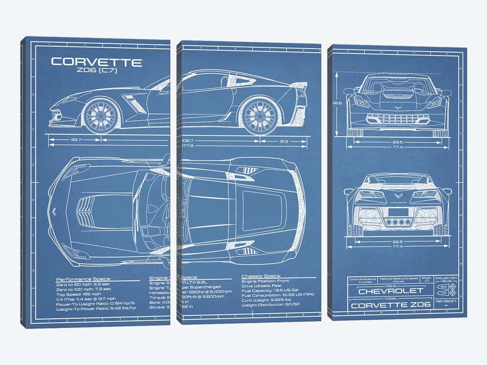 Corvette (C7) Z06 Blueprint by Action Blueprints 3-piece Canvas Artwork