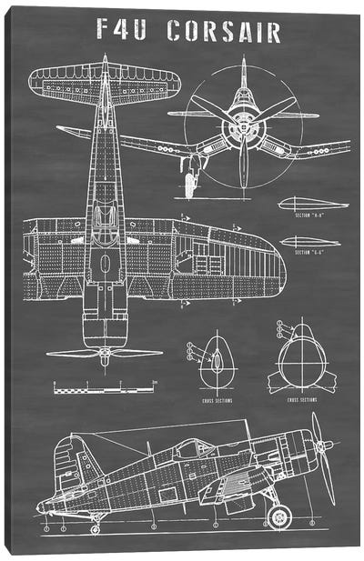 F4U Corsair Vintage Navy Airplane | Black Canvas Art Print - Aviation Blueprints
