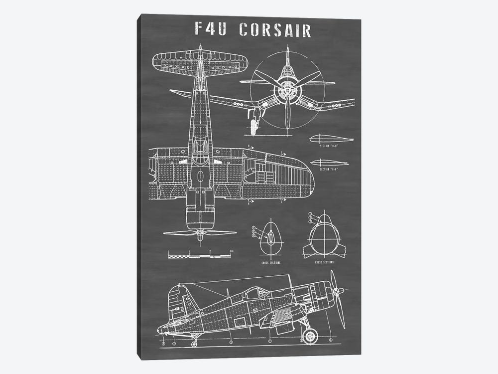 F4U Corsair Vintage Navy Airplane | Black by Action Blueprints 1-piece Canvas Art Print