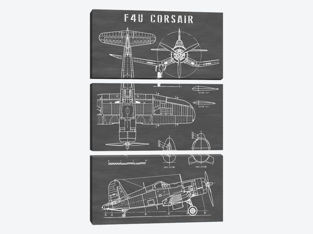 F4U Corsair Vintage Navy Airplane | Black by Action Blueprints 3-piece Art Print