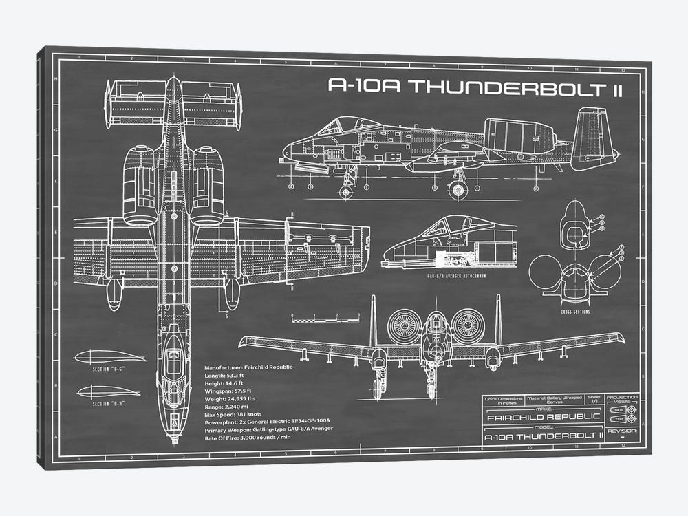 A-10 Thunderbolt II [Warthog] Airplane | Black by Action Blueprints 1-piece Canvas Art Print