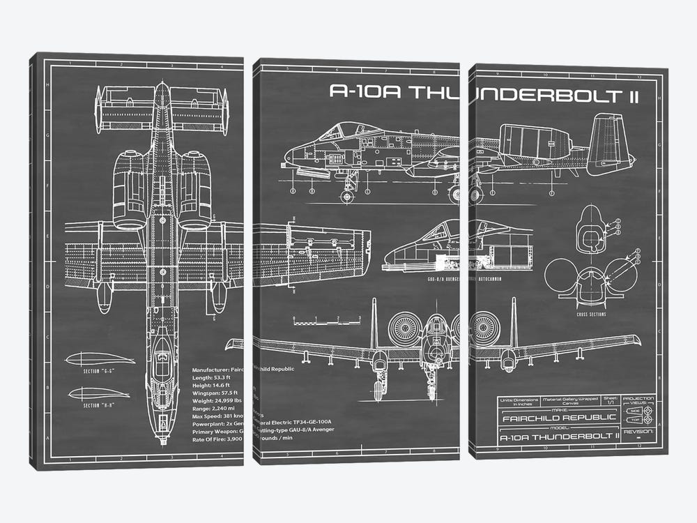 A-10 Thunderbolt II [Warthog] Airplane | Black by Action Blueprints 3-piece Canvas Art Print