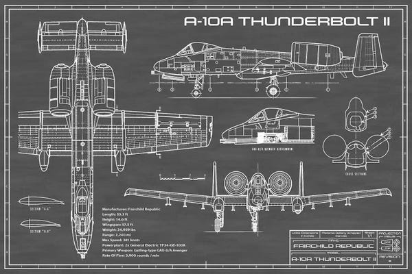 Blueprints & Patent Sketches: Black Sketch A-10 Thunderbolt II [Warthog] Airplane by Action Blueprints