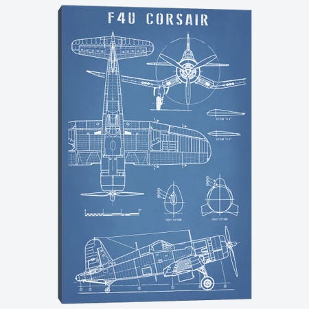 F4U Corsair Vintage Navy Airplane Blueprint Canvas Print #ABP40} by Action Blueprints Canvas Wall Art